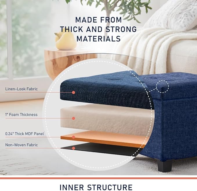 Ornavo Home 15 Inch Folding Storage Ottoman with Storage, Square Cube Linen Small Storage Ottoman Foot Rest Stool with Legs - Navy Blue