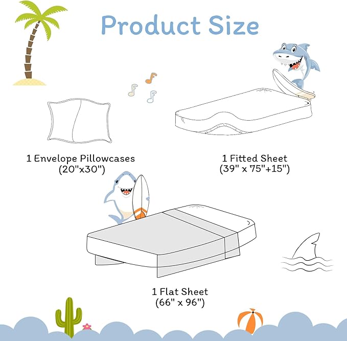 JSD Blue Shark Surfing Kids Sheet Set Twin Size, 3 Piece Nautical Printed Microfiber Sheets Deep Pocket