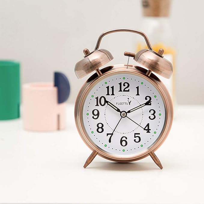 {Loud Alarm for Deep Sleepers) 4'' Twin Bell Alarm Clock with Backlight for Bedroom and Home Decoration(Red-Brown)
