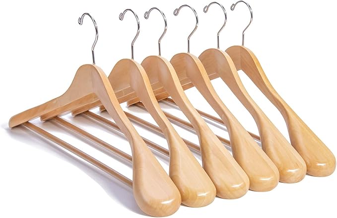 Nature Smile Luxury Natural Wooden Suit Hangers - 6 Pack - Wood Coat Hangers,Jacket Outerwear Shirt Hangers,Glossy Finish with Extra-Wide Shoulder, 360 Degree Swivel Hooks & Anti-Slip Bar with Screw