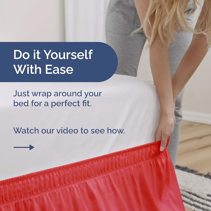 Wrap Around Dust Ruffle Bed Skirt - Red - for Queen Size Beds with 21 Inch Drop - Easy Fit Elastic Strap - Adjustable Pleated Bedskirt w/Brushed Fabric - Wrinkle Free - for Women, Men, Kids & Teens