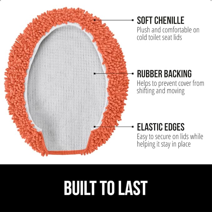 GORILLA GRIP Soft Chenille Bathroom Toilet Lid Cover, Machine Washable Seat Covers, 19.5x18.5, Stays in Place Rubber Backing, Fits Most Round, Elongated and Oblong Lids, Accessories Decor, Coral