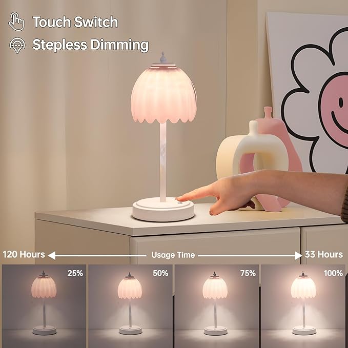 Tulip Table Lamp with 5200mAh Battery & Touch Control, Cordless Small Table Lamp with 3 Colors, Dimmable Rechargeable Table Lamps for Living Room, Bedroom, Desk, Bedside (Creamy Pink Tulip)