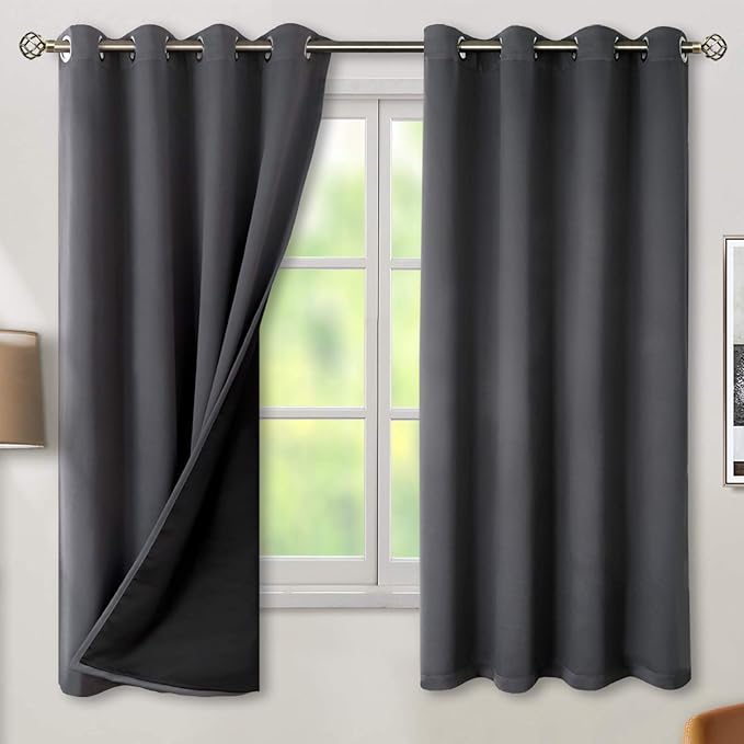 BGment Thermal Insulated 100% Blackout Curtains for Bedroom with Black Liner, Double Layer Full Room Darkening Noise Reducing Grommet Curtain (52 x 63 Inch, Dark Grey, 2 Panels)