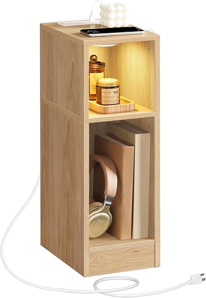 Narrow Nightstand, Slim End Table with Charging Station and LED Sensor Light, Modern Side Table, Bedside Table, for Small Spaces, Living Room, Bedroom, Natural ETNA25E01