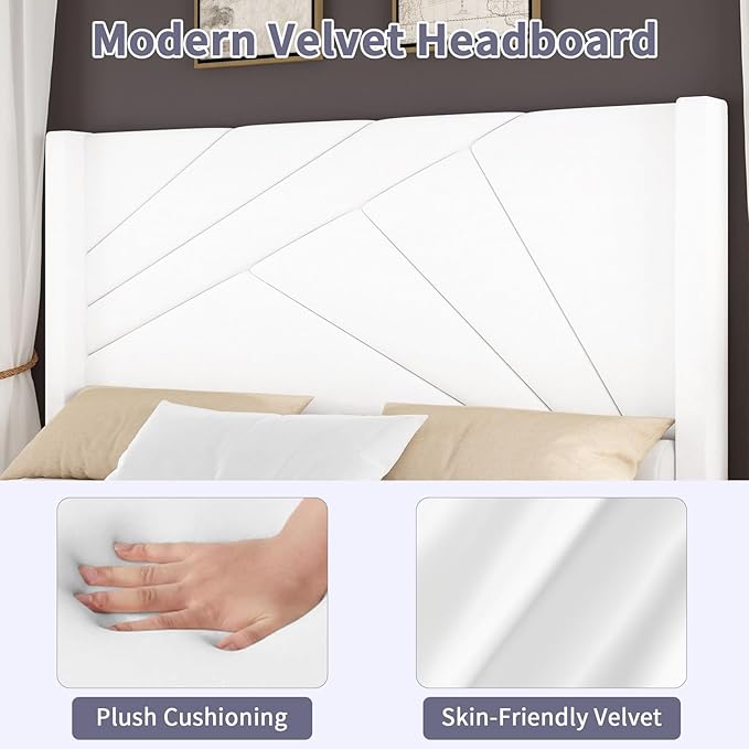 BarnFurin Queen Size Bed Frame, Velvet Upholstered Platform Bed with Geometric Tufted Headboard & Footboard, Wingback Design, Mattress Foundation with Wooden Slats, Cream White