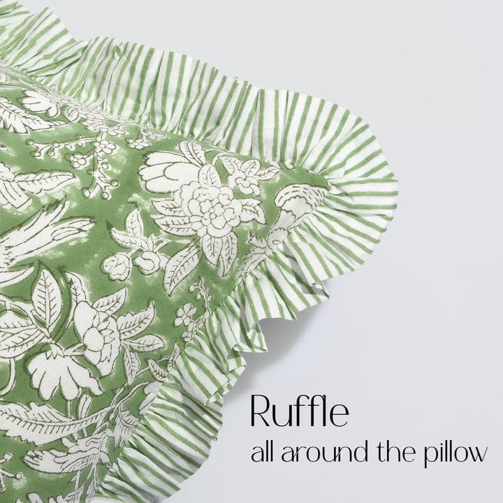 CPC Block Print Olive Green Ruffle Cotton Lumbar Pillow Cover 12x20 inch - Image 5