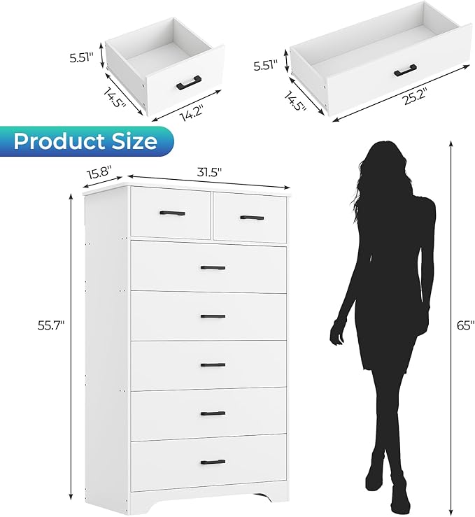 DICTAC White Dresser for Bedroom with 7 Drawers, 55.7" Tall Dressers Chest of Drawers, Modern Large Wood Storage Dresser Organizer with Metal Handle, Vertical Dressers for Bedroom Living Room Nursery