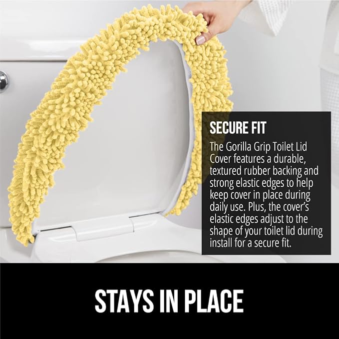 GORILLA GRIP Soft Chenille Bathroom Toilet Lid Cover, Machine Washable Seat Covers, 19.5x18.5, Stays in Place Rubber Backing, Fits Most Round, Elongated and Oblong Lids, Accessories Decor, Yellow