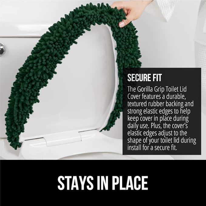 GORILLA GRIP Soft Chenille Bathroom Toilet Lid Cover, Machine Washable Seat Covers, 19.5x18.5, Stays in Place Rubber Backing, Fits Most Round, Elongated and Oblong Lids, Accessories Decor, Hunter