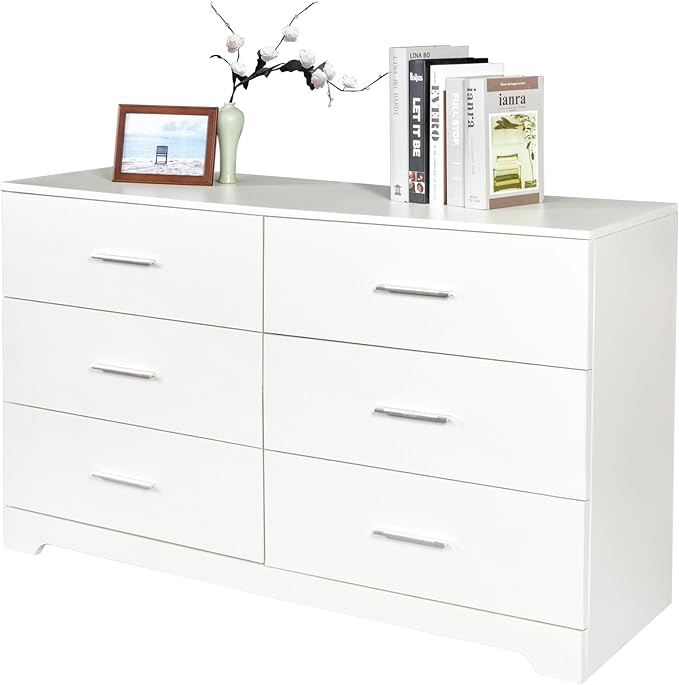 Karl home 6 Drawer Dresser, Wood White Vanity Drawer Cabinet, Bedroom Storage Cabinet TV Stand, Large Dresser Storage Chest with Deep Drawers, Bedroom Furniture