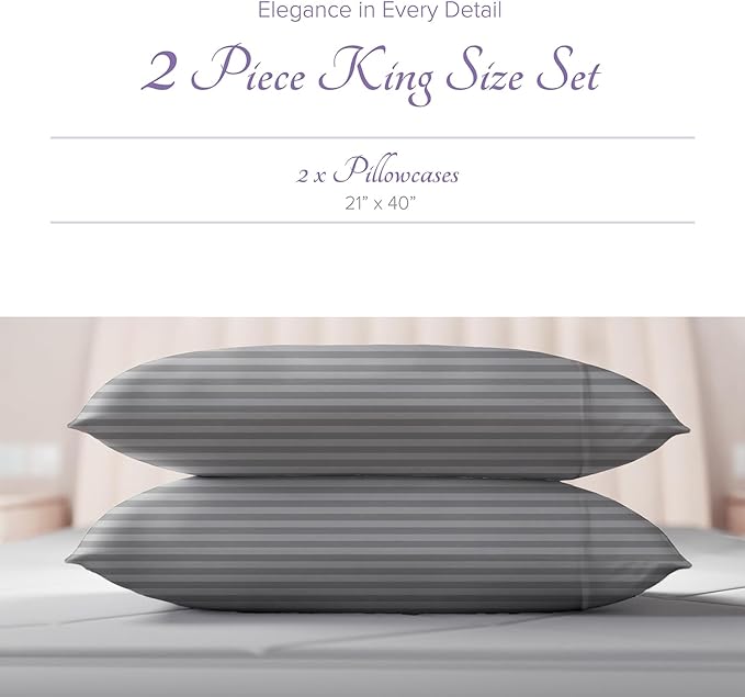Carressa Linen 100% Egyptian Cotton King Size Pillow Cases Set of 2 - Luxury 600 Thread Count Stripe Dark Grey King Pillowcases, Soft, Cooling Breathable Sateen Weave Hotel Quality Damask Pillow Cover