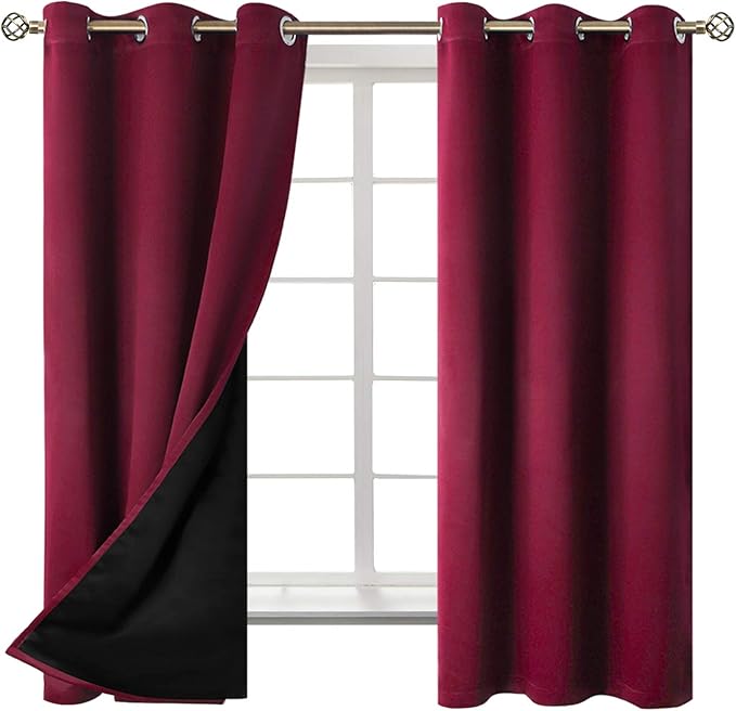 BGment Thermal Insulated 100% Blackout Curtains for Bedroom with Black Liner, Double Layer Full Room Darkening Noise Reducing Grommet Curtain (42 x 63 Inch, Burgundy Red, 2 Panels)