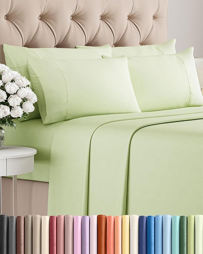 Full 6 Piece Sheet Set - Cooling, Comfy & Breathable - Hotel Luxury Bedding, Includes Fitted Sheet for Women, Men, Kids & Teens - 1 Flat, 1 Fitted Sheet, 4 Pillowcases with Deep Pockets - Light Sage