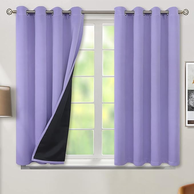 BGment Thermal Insulated 100% Blackout Curtains for Bedroom with Black Liner, Double Layer Full Room Darkening Noise Reducing Grommet Curtain (52 x 54 Inch, Lavender, 2 Panels)