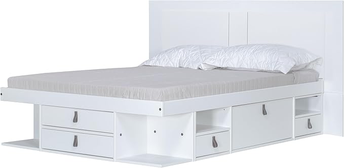 memomad Bali Slim Set: Storage Platform Bed with Drawers + Flat Panel Headboard (Queen Size, White Wood)