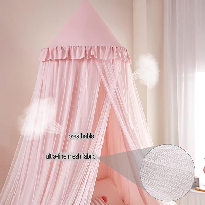 Kertnic 31.5inch Large Dome Bed Canopy for Girls, Double Layer Dreamy Ruffle Princess Canopy, Bedroom Hanging Tent Kids Reading Nook Canopies,Full Queen Bed Canopy Curtain (Beige Pink)