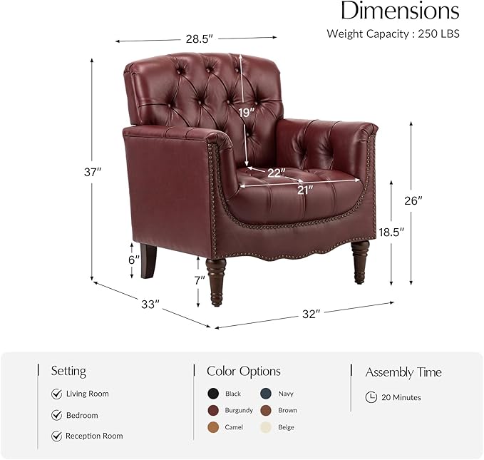 HULALA HOME Mid Century Modern Leather Club Chairs Set of 2, Top-Grain Genuine Leather Armchairs with Button-Tufted Back & Solid Wood Legs, Accent Chairs for Living Room/Bedroom/Home Office, Burgundy