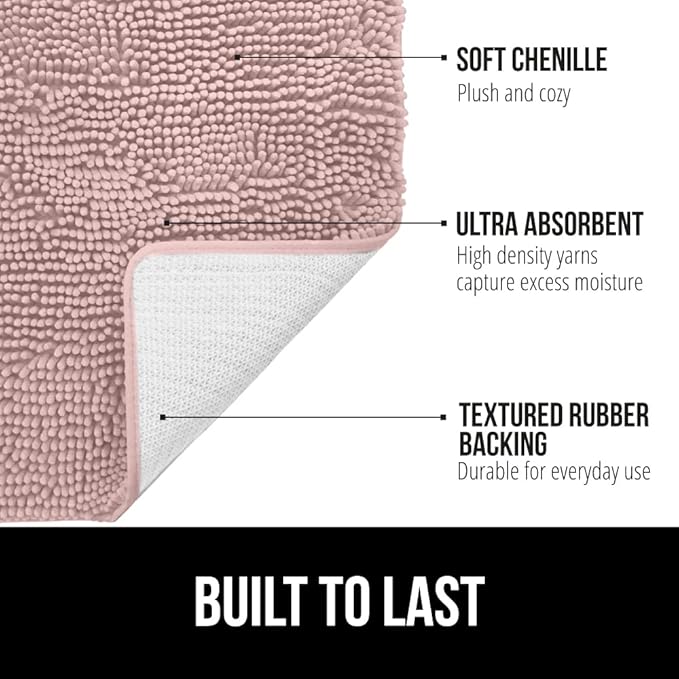 GORILLA GRIP Bath Rug Mat 44x26, Soft Absorbent Chenille, Quick Dry Microfiber Mats, Rubber Backing Washable Shower Floor Rugs, Bathmat Runner, US Designed Bathroom Home Decor Accessories Dusty Rose