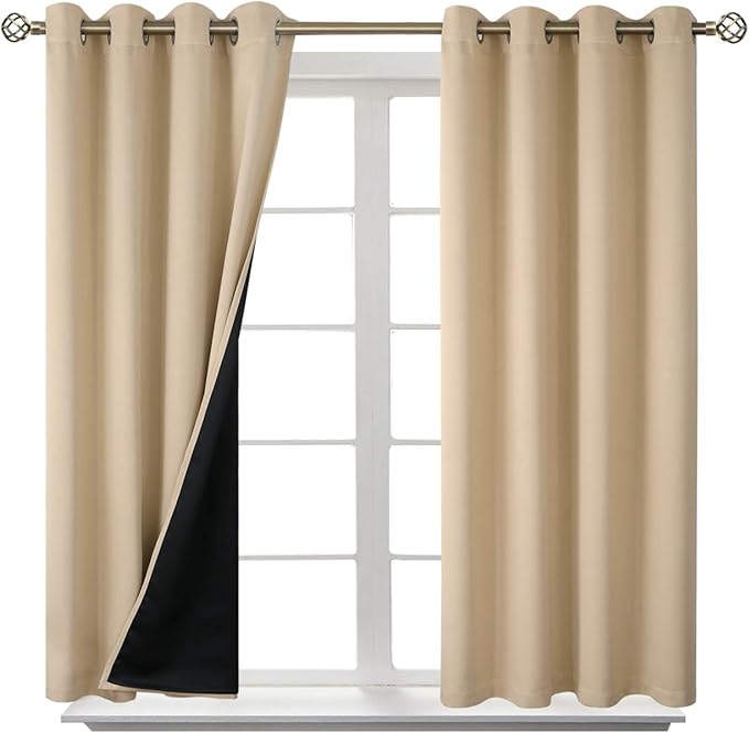 BGment Short 100% Blackout Curtains for Bedroom, Thermal Insulated Energy Efficiency Noise Reducing Grommet Curtains 45 Inch Length with Liner for Small Window 2 Panels Each 52 Inch Wide, Beige