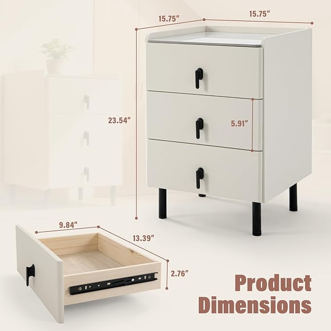 Lamberia Narrow Nightstand with 3 Drawers, Narrow Side Table, Small Bedside Table for Bedroom, Living Room, End Table for Small Space, Cream White，15.8''W x 15.8" D x 23.5" H