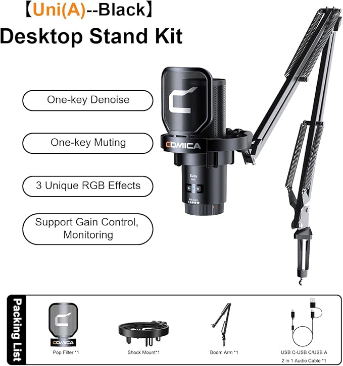 COMICA Ejoy Uni(A) USB Gaming Microphone with Noise Cancellation, RGB Lights, Monitoring, Muting, Streaming Mic for Computer, PS5, PS4, Streaming, Podcast, Chat, Twitch, YouTube, Discord