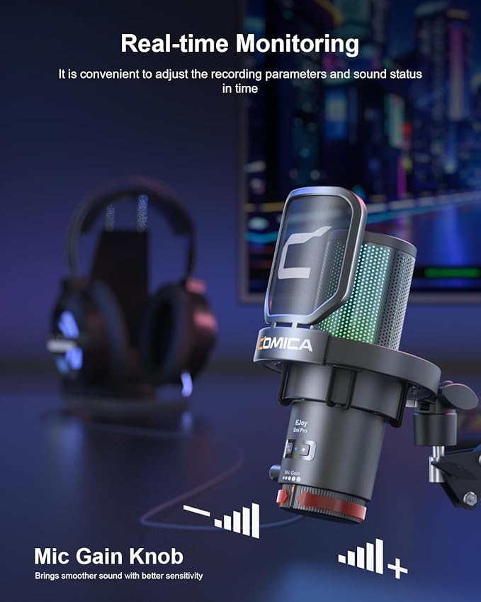 COMICA Ejoy Uni(A) USB Gaming Microphone with Noise Cancellation, RGB Lights, Monitoring, Muting, Streaming Mic for Computer, PS5, PS4, Streaming, Podcast, Chat, Twitch, YouTube, Discord