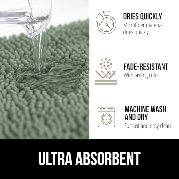 GORILLA GRIP Bath Rug Mat 44x26, Soft Absorbent Chenille, Quick Dry Microfiber Mats, Rubber Backing Washable Shower Floor Rugs, Bathmat Runner, US Designed Bathroom Home Decor Accessories Sage Green