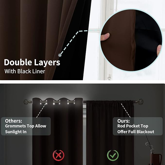 BGment Thermal Insulated 100% Blackout Curtains for Bedroom with Black Liner, Double Layer Full Room Darkening Noise Reducing Rod Pocket Curtain (42 x 63 Inch, Brown, 2 Panels)