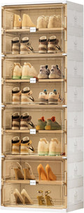 JEKO&JEKO 8 Tiers Foldable Shoe Rack Organizer Cabinet for Closet Entryway, Large Collapsible Shoe Storage Box with Magnetic Doors (White)