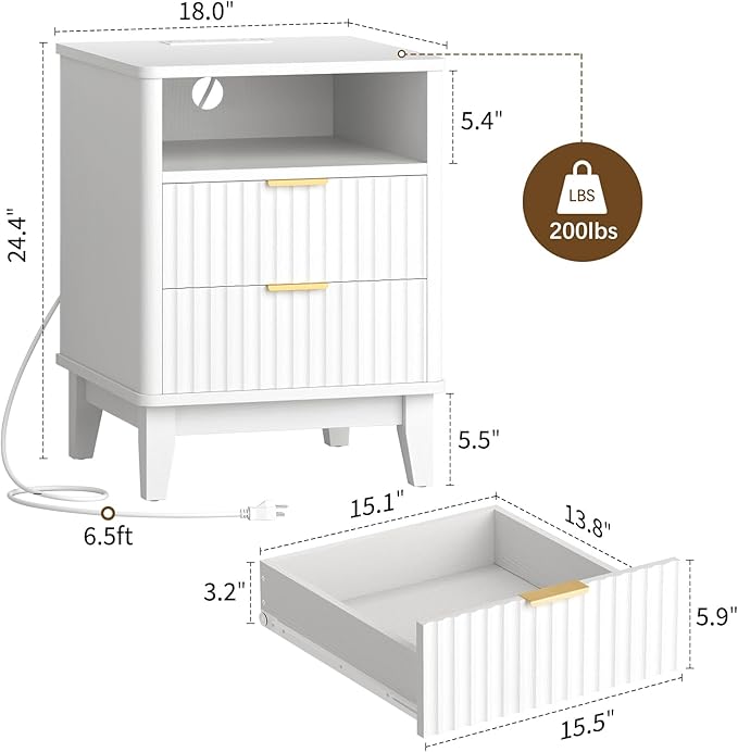 Night Stand with Charger Station, Fluted Nightstand with Drawers and Storage Shelf, Mid Century Modern Bedside Table Nightstands, Large Bed Side Table Wood Night Stands for Bedroom Living room