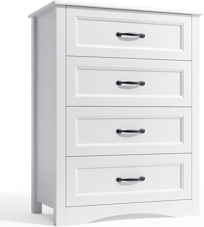 Gizoon Dresser for Bedroom with 4 Drawers Wooden Chest of Drawers for Closet Dresser Storage Unit Organizer for Hallway Living Room and Office, White
