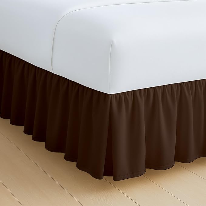 Rajlinen Ruffled Bed Skirt King, 24 Inch Drop Dust Ruffle with Split Corners, 100% Microfiber Bedskirt with Platform, Three-Sided Coverage Ruffled Gathering Design, Chocolate