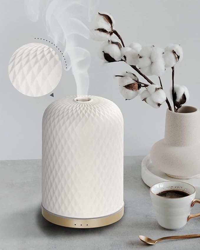 Essential Oil Diffuser,110ML Diffusers for Essential Oils Large Room, Ceramic Diffusers Decorative Ultrasonic Defuzzer, Ideal for Aesthetic Home,Dorm Décor, Yoga,White
