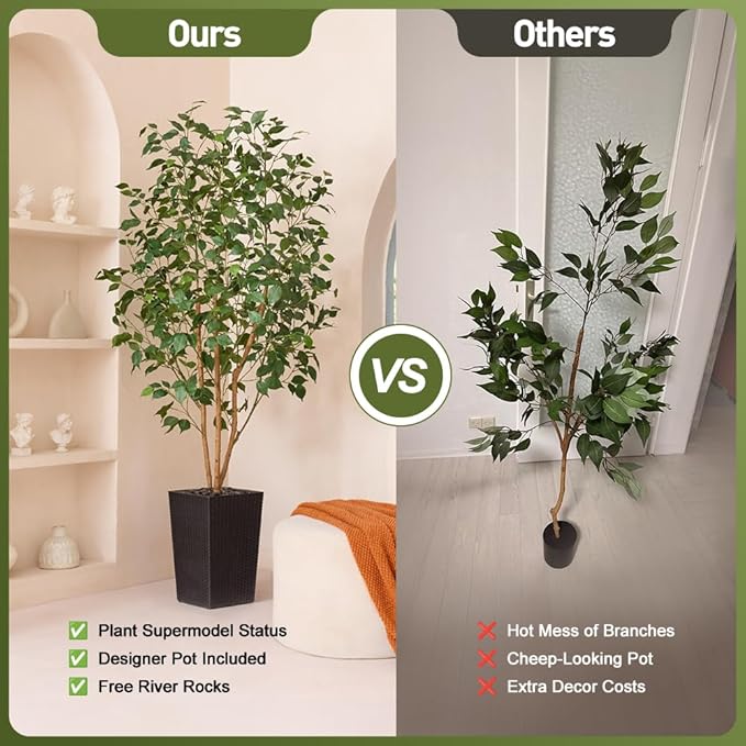 6ft Artificial Ficus Tree,Tall Faux Tree with Silk Leaves & Real Wood Trunk,UV Resistant Potted Fake Plant with Pebbles & Planter-Indoor Outdoor Floor Plant for Home Living Room,VN129