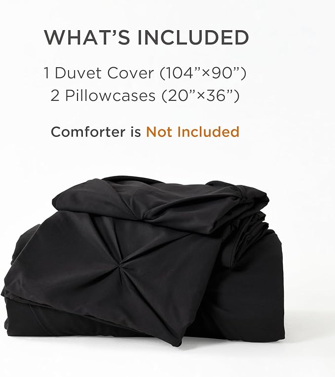 Litanika Black King Pinch Pleat Duvet Cover, 3 Pieces Pintuck Cover Soft Microfiber Bedding Set with Zipper Closure & Corner Ties(104x90Inch-1 Duvet Cover, 2 Pillowcases)