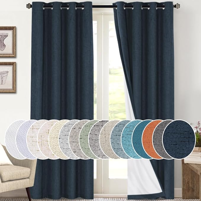 PrinceDeco Linen Blackout Curtains 108 Inches Long Thermal Insulated Textured Blackout Curtains 2 Panels Set Grommet Textured Curtains with White Liner for Bedroom Living Room(52x108 inch,Navy)