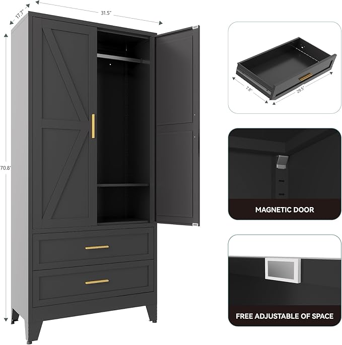 Metal Armoire Wardrobe Closet,71" Tall Black Storage Cabinet with Hanging Rod,2 Drawers & Adjustable Shelves,Heavy-Duty Steel Wardrobe for Bedroom, Garage, and Office