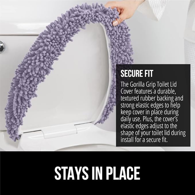 GORILLA GRIP Soft Chenille Bathroom Toilet Lid Cover, Machine Washable Seat Covers, 19.5x18.5, Stays in Place Rubber Backing, Fits Most Round, Elongated and Oblong Lids, Accessories Decor, Lt Purple