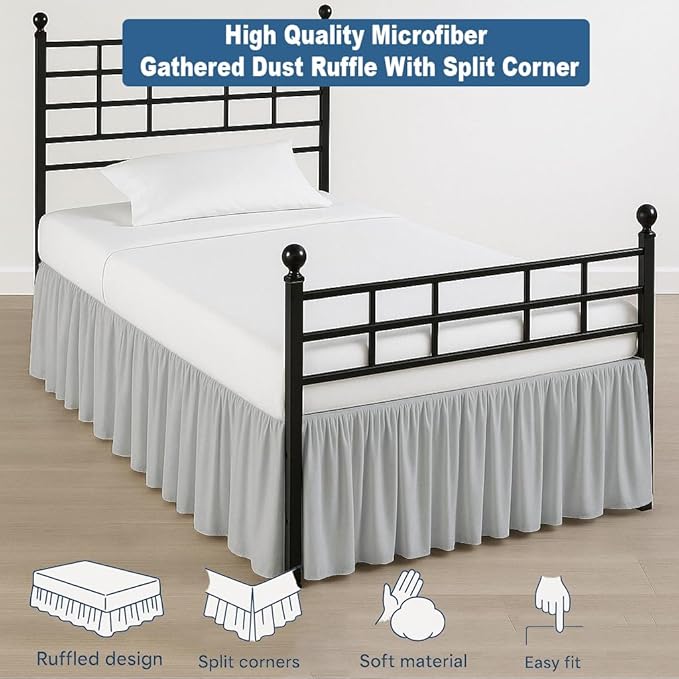 Ruffled Bed Skirt Split Corners with Platform, Tailored Fit Hotel Quality Wrinkle Free Ultra-Soft Microfiber Dust Ruffle, Upto 18 Inch Drop, Twin XL, Light Grey