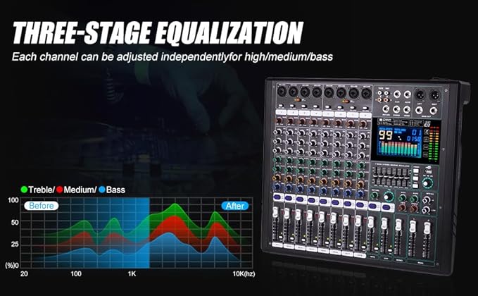 GF12 Multifunction 12 Channel Audio Mixer Stage Performance Mixer Isolated Independent Mute Built-in 7 Level Equalizer and 99 Reverb DJ Mixer for Stage Performance/Karaoke/DJ Music