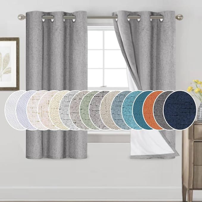 PrinceDeco 100% Blackout Curtains 64 inch Long 2 Panels,42" Wide,64" Length Energy Saving Curtains for Bedroom Living Room Grommet Blackout Linen Curtains with Thermal Insulated Liner,Light Grey