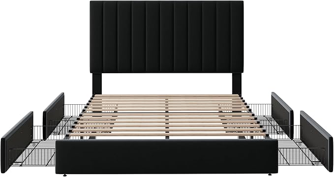 Allewie Full Size Storage Bed Frame, Vertical Channel Tufted Adjustable Headboard, Velvet Upholstered Platform Bed with 4 Oversized Underbed Drawers, Wooden Slats Support, No Box Spring Needed, Black