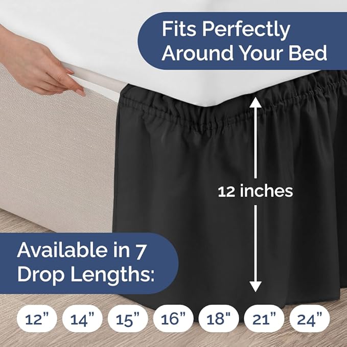 Wrap Around Dust Ruffle Bed Skirt - Black - Twin/Twin XL Size Beds with 12 Inch Drop - Easy Fit Elastic Strap - Adjustable Pleated Bedskirt w/Brushed Fabric - Wrinkle Free - Women, Men, Kids & Teens