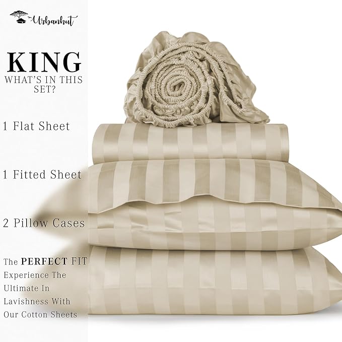 URBANHUT 800 Thread Count 100% Cotton Damask King Size Sheets, 4 Piece Striped King Size Bedsheets, Luxury Hotel Sheets Sateen Weave - Better Than Egyptian, 16" Elasticized Deep Pocket- Ivory