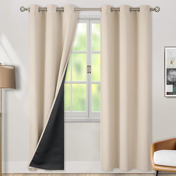 BGment Thermal Insulated 100% Blackout Curtains 84 Inch Length 2 Panels, Total Light Blocking Curtains for Bedroom, Grommet Window Drapes with Thick Black Liner, 38 Inch Wide Each Panel, Champagne