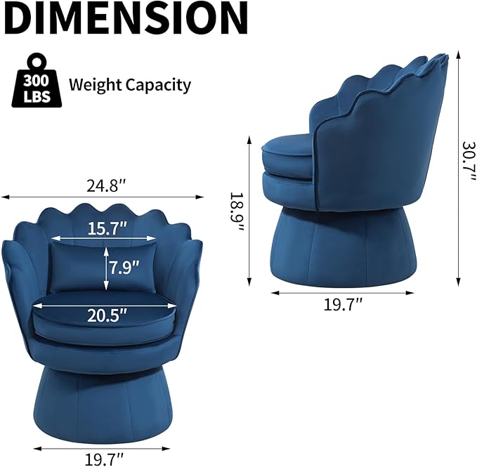 360° Swivel Accent Chairs Set of 2, Mid-Century Modern Velvet Barrel Chair, Comfy Shell Shape Arm Chair with Lumbar Pillow for Living Room, Bedroom, Office, Dark Blue