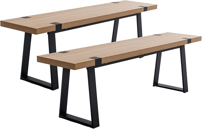 Wahson 60" Dining Bench Set of 2, Natural Wooden Table Bench with Metal Legs, Modern Kitchen Bench for Enrtyway/Indoor/Dining Room