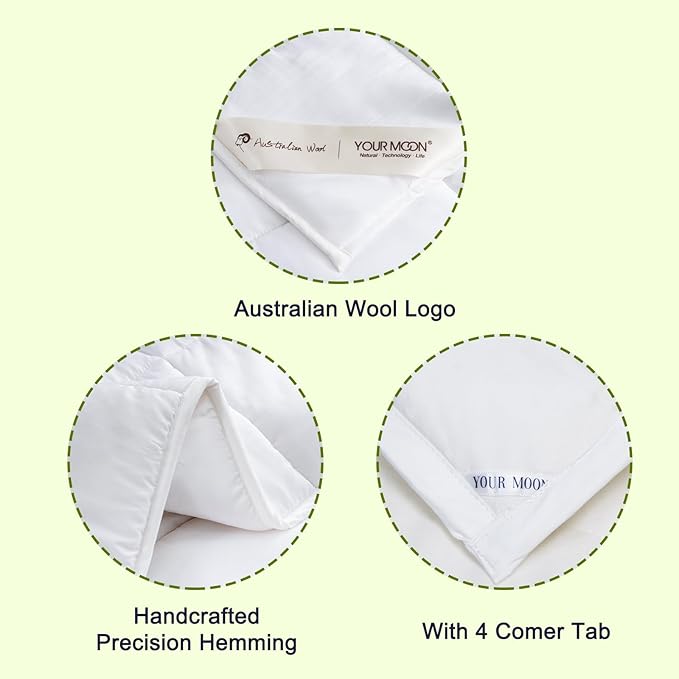 YOUR MOON Luxurious All Season Wool Comforter King Size 100% Natural Australian Wool Duvet, Hypoallergenic Premium Filled Comforter, Noiseless Jacquard Rayon Derived from Bamboo Shell(White)