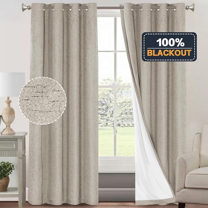 PrinceDeco 100% Blackout Curtains for Bedroom Linen Textured Curtain Panels 84 inches Long Energy Smart & Noise Reducing Blackout Drapes for Living Room Burlap Fabric with White Liner(2 Panels, Stone)